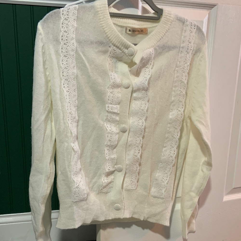 Lace-Trim Cream Button Cardigan Sweater